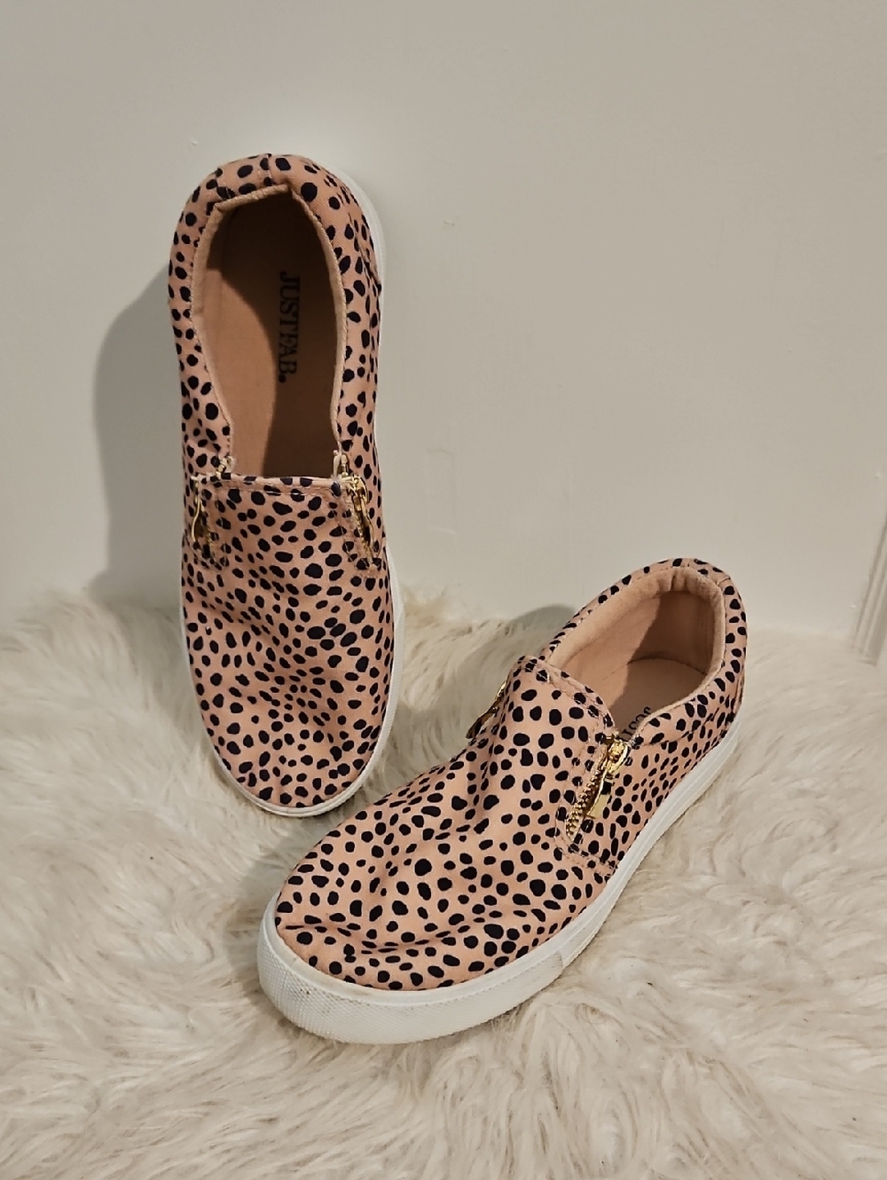 JustFab Cheetah-Print Slip-On Sneakers with Gold Zippers Size 8